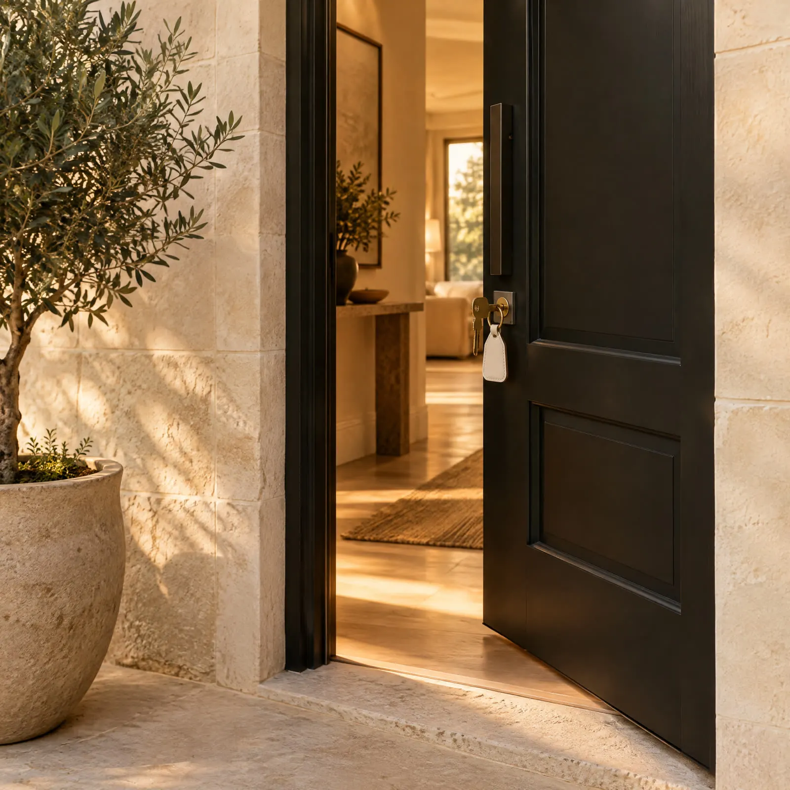 Porte d’entrée entrouverte, clé dans la serrure, lumière chaude de la maison
