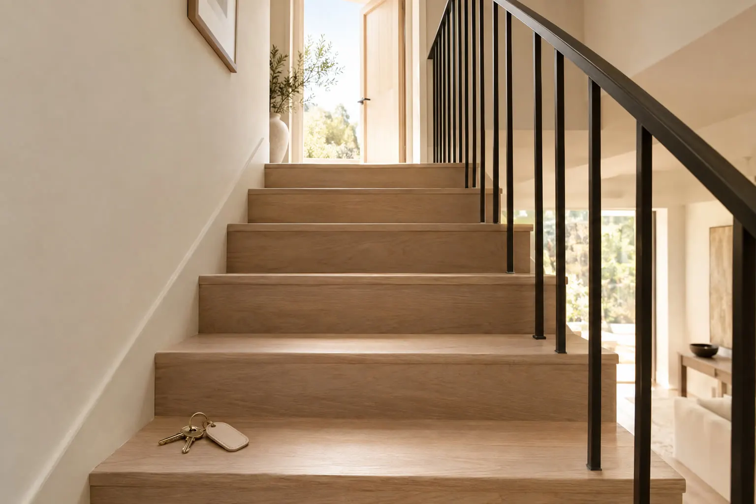 Escalier lumineux menant à une porte ouverte, clés posées sur la première marche