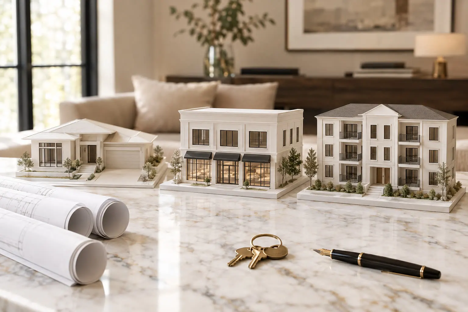 Maquettes d’une maison, d’un immeuble commercial et d’un plex sur une table de marbre