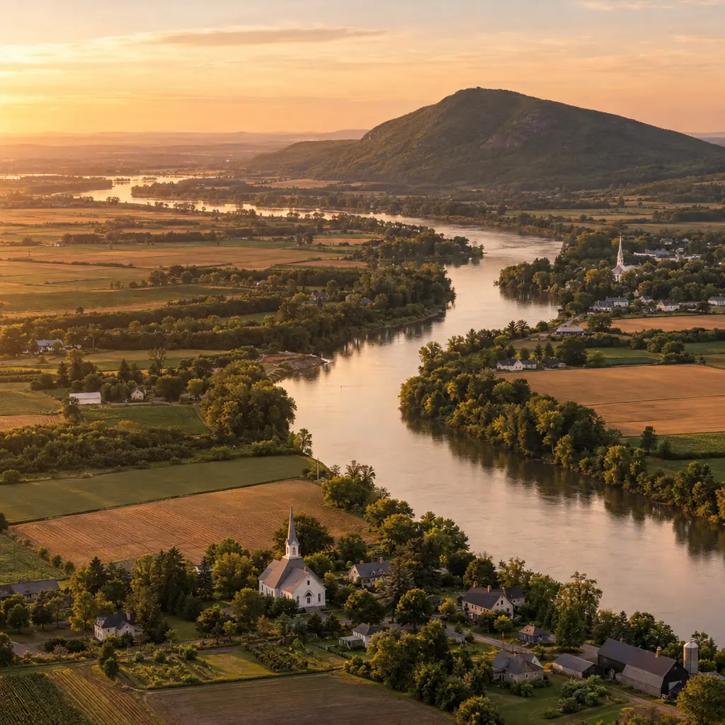 La Montérégie vue du ciel, rivière et mont Saint-Hilaire à l’heure dorée