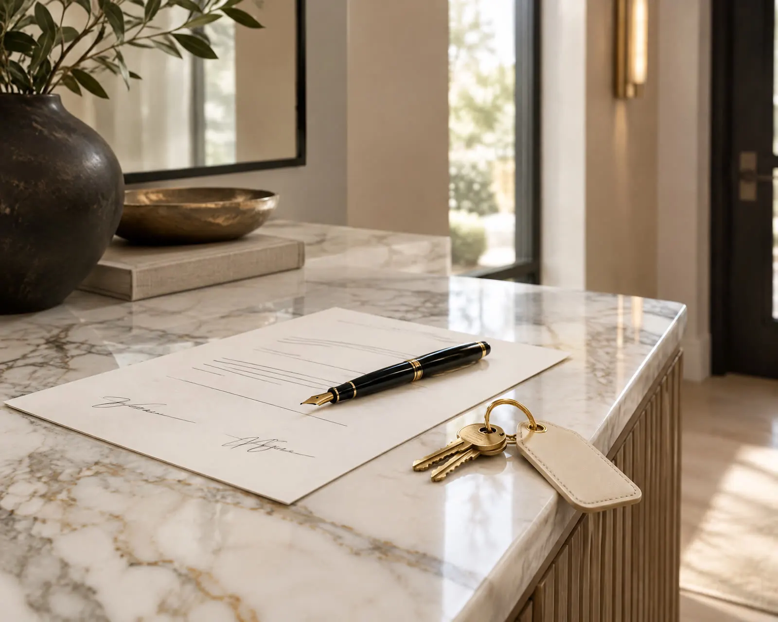 Acte de vente signé, plume et clés remises sur une console de marbre